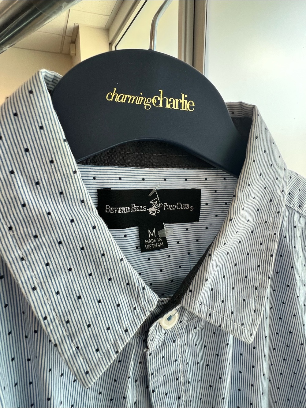 Beverly Hills Polo Club White Shirt with Navy Micro-Stripe & Dot